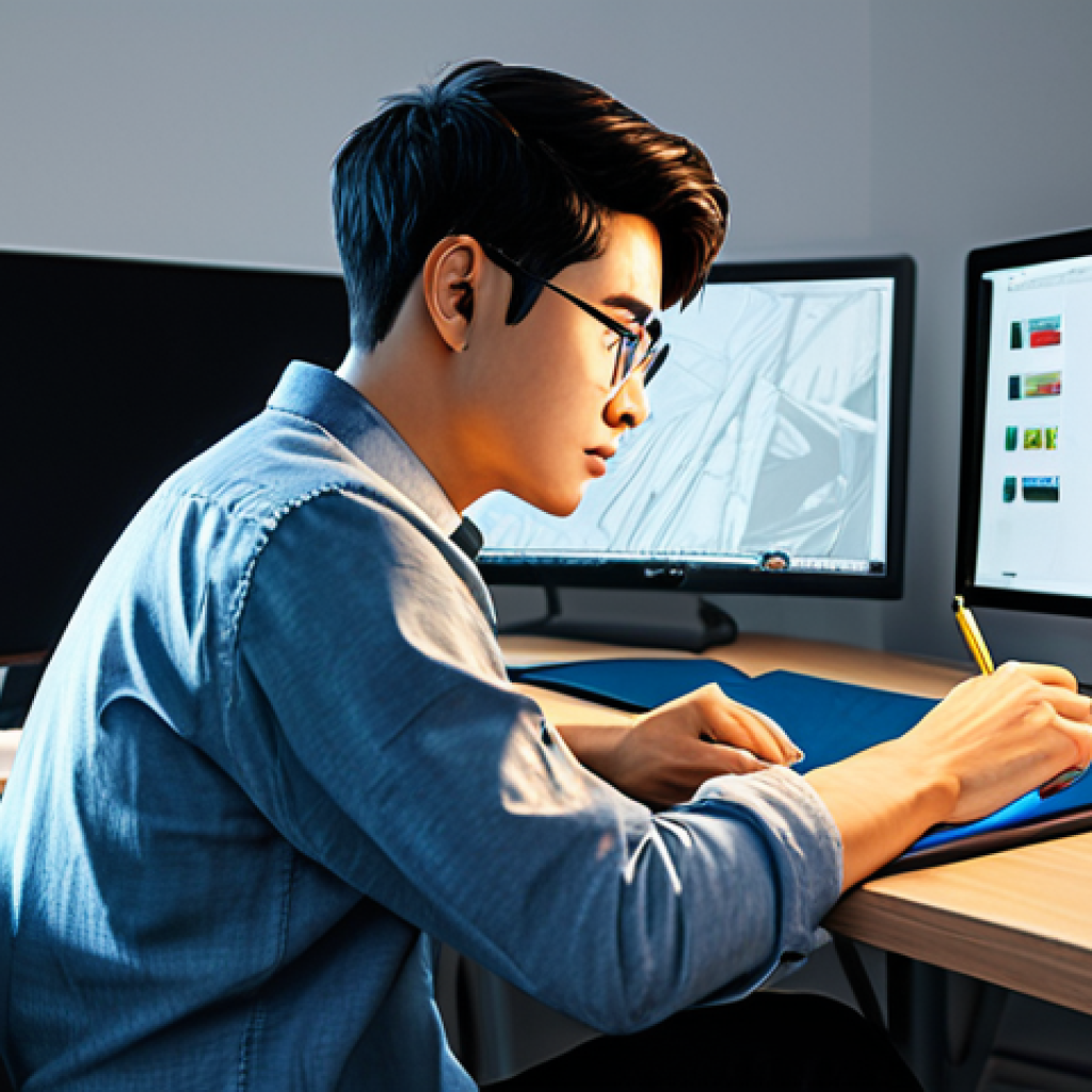 A focused professional webtoon artist, fully clothed in a modest, contemporary business-casual outfit, sits comfortably at a modern ergonomic desk. They are actively sketching on a large digital drawing tablet with a digital pen. The background reveals a clean, well-lit digital art studio, featuring dual monitors displaying vibrant webtoon panels and character concept art, suggesting a flow of creative ideas. The overall atmosphere is calm and highly productive. This image is safe for work, appropriate content, and depicts a professional working environment. Perfect anatomy, correct proportions, natural pose, well-formed hands, proper finger count, natural body proportions, professional photography, high quality.