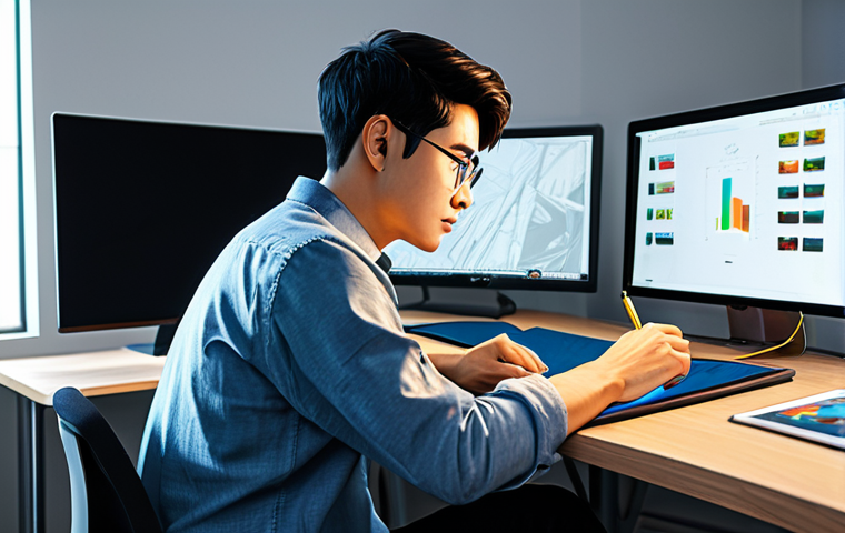 A focused professional webtoon artist, fully clothed in a modest, contemporary business-casual outfit, sits comfortably at a modern ergonomic desk. They are actively sketching on a large digital drawing tablet with a digital pen. The background reveals a clean, well-lit digital art studio, featuring dual monitors displaying vibrant webtoon panels and character concept art, suggesting a flow of creative ideas. The overall atmosphere is calm and highly productive. This image is safe for work, appropriate content, and depicts a professional working environment. Perfect anatomy, correct proportions, natural pose, well-formed hands, proper finger count, natural body proportions, professional photography, high quality.