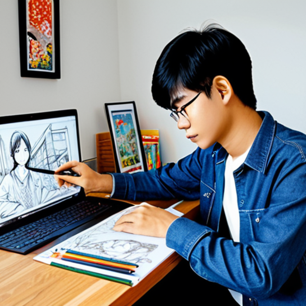 **Prompt:** A talented Thai manga artist, **fully clothed** in a casual but stylish outfit, working at a brightly lit desk with digital drawing tablet. Background: A modern Bangkok apartment with manga books and art supplies. **Safe for work**, appropriate content, **perfect anatomy**, natural pose, **well-formed hands**, professional quality, family-friendly.
