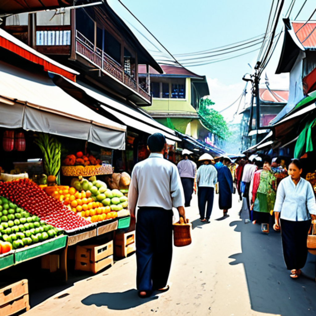 웹툰작가의 색감 연습 비법 - "Digital painting of a vibrant Thai street market scene, bustling with activity, fully clothed vendo...