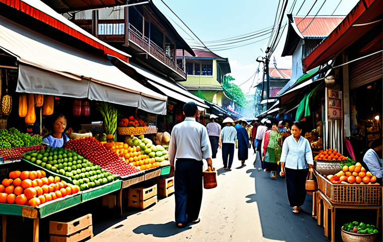 웹툰작가의 색감 연습 비법 - "Digital painting of a vibrant Thai street market scene, bustling with activity, fully clothed vendo...