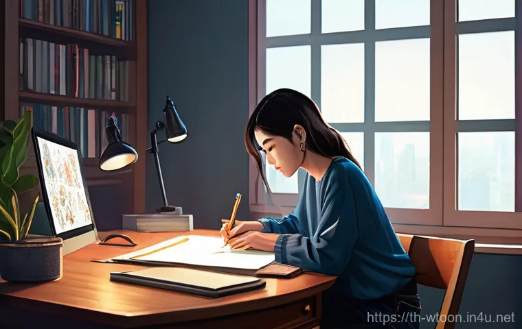 웹툰작가 커리어 패스 - **Prompt 1: The Dedicated Creator**
    "A young Thai woman, in her early twenties, with stylish dar...