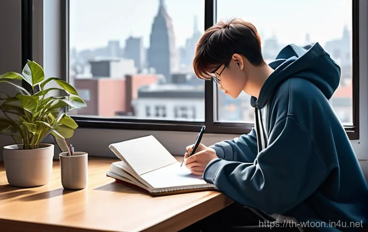 웹툰작가 스케줄 관리 비법 - **Prompt 1: Focused Webtoon Artist Organizing Thoughts**
A gender-neutral webtoon artist, wearin...