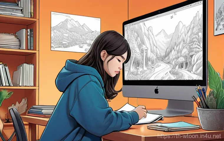 웹툰작가의 독립 창작 비결 - **Artist's Journey and Style Discovery:**
    A young, imaginative webtoon artist, dressed in a comf...