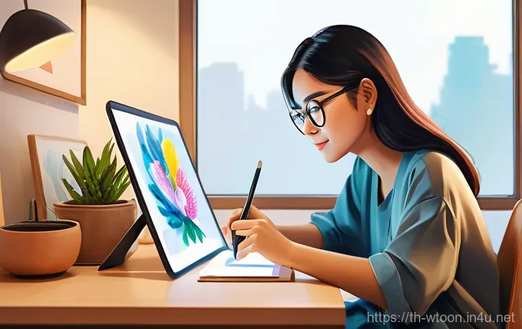 웹툰작가의 창작 기술 - **"A vibrant webtoon-style illustration of a young Thai female artist, in her early twenties, deeply...