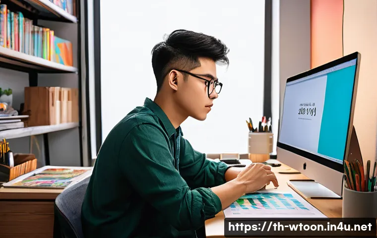 웹툰작가가 피해야 할 행동 - A professional Thai webtoon artist workspace scene, showing a focused artist wearing casual clothes ...