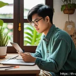 Home 14 웹툰작가 이직 성공 사례 - A young Thai webtoon artist in a cozy home studio, surrounded by digital drawing tablets and colorfu...