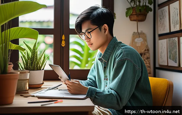 웹툰작가 이직 성공 사례 - A young Thai webtoon artist in a cozy home studio, surrounded by digital drawing tablets and colorfu...