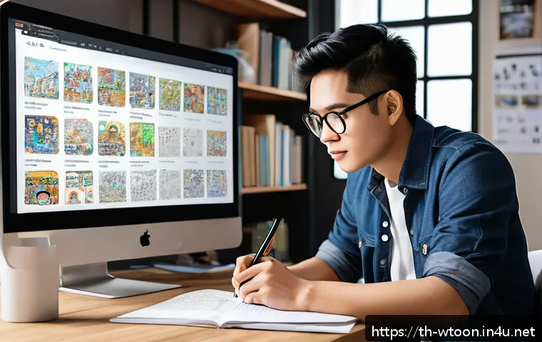 웹툰작가가 알아야 할 저작권 - A professional Thai webtoon artist in a modern studio environment, wearing casual yet neat clothing,...